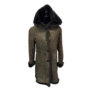 Steve By Searle Suede Leather Coat Hooded Brown Faux Shearling Trim Jacket XS
